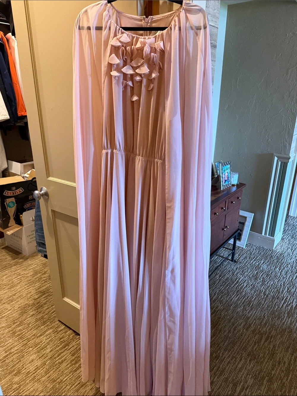 Sachin + Babi Blush Pink Chiffon Ruffled Cape Gown